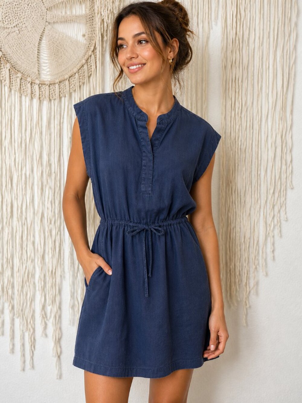 James Perse Linen Dress Blue Mini Summer Large